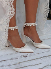 Talons hauts à bloc avec perles et diamants, bride cheville élégante