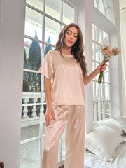 Ensemble Décontracté en Satin Pour l'été Vêtements d'Intérieur à Manches Courtes et Amples