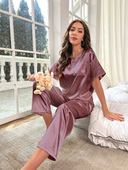 Ensemble Décontracté en Satin Pour l'été Vêtements d'Intérieur à Manches Courtes et Amples