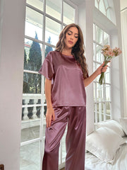 Ensemble Décontracté en Satin Pour l'été Vêtements d'Intérieur à Manches Courtes et Amples