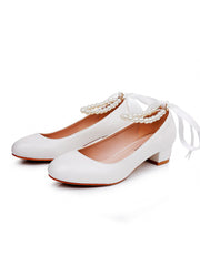Chaussures de Mariage à Talons Chunky Bas et Bout Rond Ornées de Perles