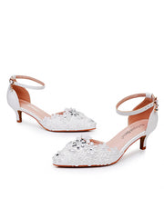 Chaussures de Mariage Blanches en Dentelle et Strass à Bout Pointu