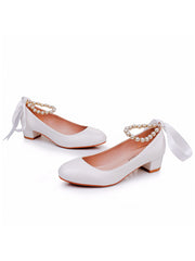 Chaussures de Mariage à Talons Chunky Bas et Bout Rond avec Perles