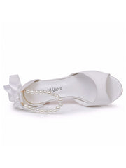 Sandales à Talon Chunky avec Bout Peep Toe Rubans et Perles