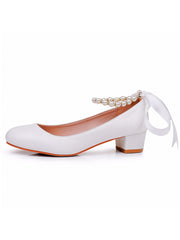 Chaussures de Mariage à Talons Chunky Bas et Bout Rond avec Perles