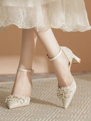 Chaussures de mariage élégantes à talons épais avec perles pour femmes
