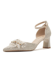 Chaussures de mariage élégantes à talons épais avec perles pour femmes