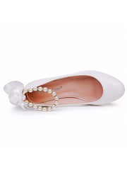 Chaussures de Mariage à Talons Chunky Bas et Bout Rond avec Perles