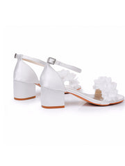Sandales à Talons Chunky Bas en Satin Blanc avec Fleurs en Bout Ouvert