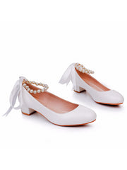 Chaussures de Mariage à Talons Chunky Bas et Bout Rond avec Perles