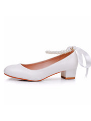 Chaussures de Mariage à Talons Chunky Bas et Bout Rond Ornées de Perles