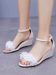 Sandales de Plage Blanches à Fleurs à Bout Ouvert avec Bride à la Cheville
