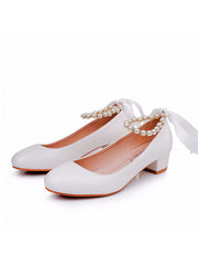 Chaussures de Mariage à Talons Chunky Bas et Bout Rond avec Perles