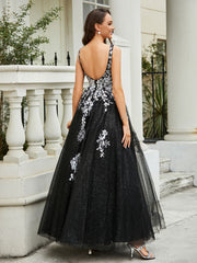 Robe Appliquée en Tulle Dentelle à Col en V Plongeant Noir