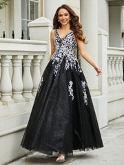 Robe Appliquée en Tulle Dentelle à Col en V Plongeant Noir Grande Taille