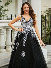 Robe Appliquée en Tulle Dentelle à Col en V Plongeant Noir Grande Taille