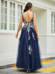 Robe Appliquée en Tulle Dentelle à Col en V Plongeant Bleu Marine