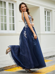 Robe Appliquée en Tulle Dentelle à Col en V Plongeant Bleu Marine