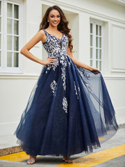Robe Appliquée en Tulle Dentelle à Col en V Plongeant Bleu Marine Grande Taille
