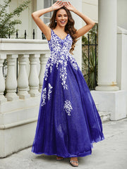 Robe Appliquée en Tulle Dentelle à Col en V Plongeant Bleu Royale Grande Taille