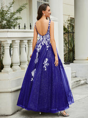 Robe Appliquée en Tulle Dentelle à Col en V Plongeant Bleu Royale