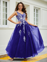 Robe Appliquée en Tulle Dentelle à Col en V Plongeant Bleu Royale