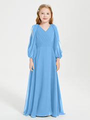 Robes de Demoiselle d'Honneur Junior à Manches Longues Modestes Bleu