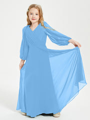 Robes de Demoiselle d'Honneur Junior à Manches Longues Modestes Bleu