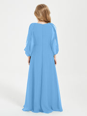 Robes de Demoiselle d'Honneur Junior à Manches Longues Modestes Bleu