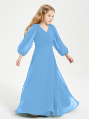 Robes de Demoiselle d'Honneur Junior à Manches Longues Modestes Bleu
