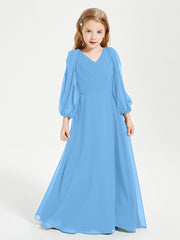 Robes de Demoiselle d'Honneur Junior à Manches Longues Modestes Bleu