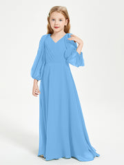 Robes de Demoiselle d'Honneur Junior à Manches Longues Modestes Bleu