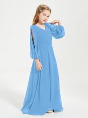 Robes de Demoiselle d'Honneur Junior à Manches Longues Modestes Bleu