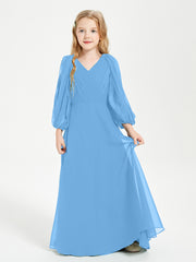 Robes de Demoiselle d'Honneur Junior à Manches Longues Modestes Bleu