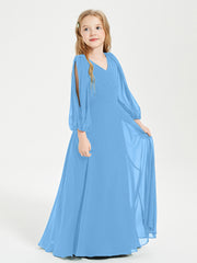 Robes de Demoiselle d'Honneur Junior à Manches Longues Modestes Bleu