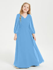 Robes de Demoiselle d'Honneur Junior à Manches Longues Modestes Bleu