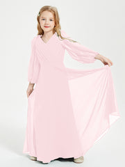 Robes de Demoiselle d'Honneur Junior à Manches Longues Modestes Rose Pâle