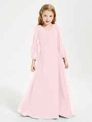 Robes de Demoiselle d'Honneur Junior à Manches Longues Modestes Rose Pâle