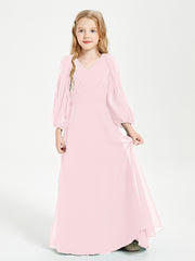 Robes de Demoiselle d'Honneur Junior à Manches Longues Modestes Rose Pâle