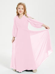 Robes de Demoiselle d'Honneur Junior à Manches Longues Modestes Rose Bonbon