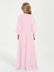 Robes de Demoiselle d'Honneur Junior à Manches Longues Modestes Rose Bonbon