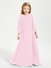 Robes de Demoiselle d'Honneur Junior à Manches Longues Modestes Rose Bonbon