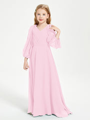 Robes de Demoiselle d'Honneur Junior à Manches Longues Modestes Rose Bonbon
