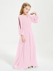 Robes de Demoiselle d'Honneur Junior à Manches Longues Modestes Rose Bonbon
