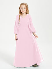 Robes de Demoiselle d'Honneur Junior à Manches Longues Modestes Rose Bonbon