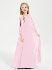 Robes de Demoiselle d'Honneur Junior à Manches Longues Modestes Rose Bonbon