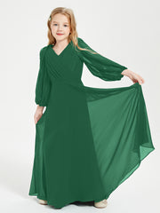 Robes de Demoiselle d'Honneur Junior à Manches Longues Modestes Vert Foncé