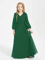 Robes de Demoiselle d'Honneur Junior à Manches Longues Modestes Vert Foncé