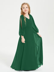 Robes de Demoiselle d'Honneur Junior à Manches Longues Modestes Vert Foncé