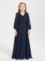 Robes de Demoiselle d'Honneur Junior à Manches Longues Modestes Bleu Marine